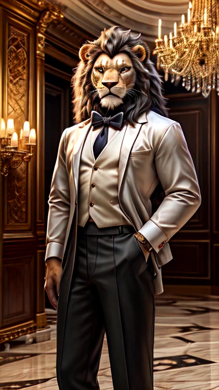 a man with the head of a lion, blue and white checkered jacket, black mane, red eyes, beige pants, angry expression, highly detailed, 4k, photorealistic, dramatic lighting, oil painting, masterpiece Background scenery, forest  (Same as the picture) Blue checkered jacket with sharp claws Sharp teeth , Pose of elegance Holding a black pistol in his hand. 