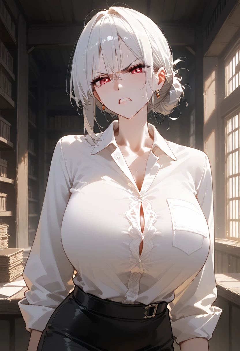 ((best quality)), ((masterpiece)), (detailed), Perfect face((best quality)), ((masterpiece)), (detailed), 4K quality，Ultra HD，Perfect face，White hair，Red eyes，White shirt，Black corset，Black hip skirt，sweat，Room Background，short hair，Look up at the screen，full，Chest leak