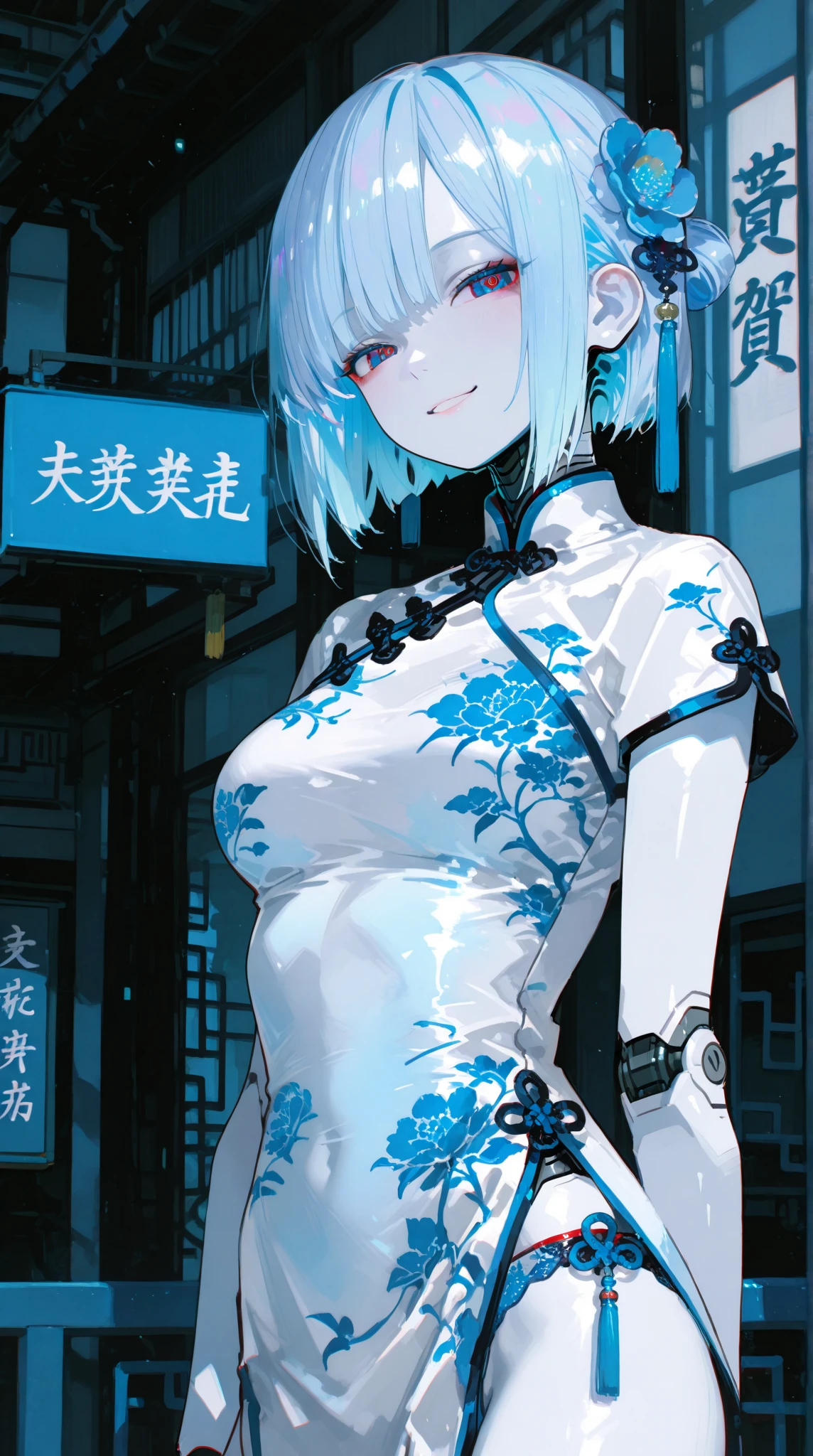 In a dimly lit, smoky cyberpunk club, a femme fatale cyborg sits solo, her mechanical joints gleaming in the flickering light. Her striking features, framed by short hair and bangs, are adorned with jewelry and a black choker. she pets a snake that gazes directly at the viewer. She wears a revealing seethrough kimono, paired with Japanese-style earrings, and holds a katana surrounded by the dark, gritty atmosphere. Her gaze is sultry, exuding an air of sexy sophistication, as if inviting the viewer to enter her world. The scene is set in a Conrad Roset-inspired style, with a focus on dark, muted tones and industrial textures.,core_9,scary, (masterpiece:1.2),ct-virtual,dcas_lora
