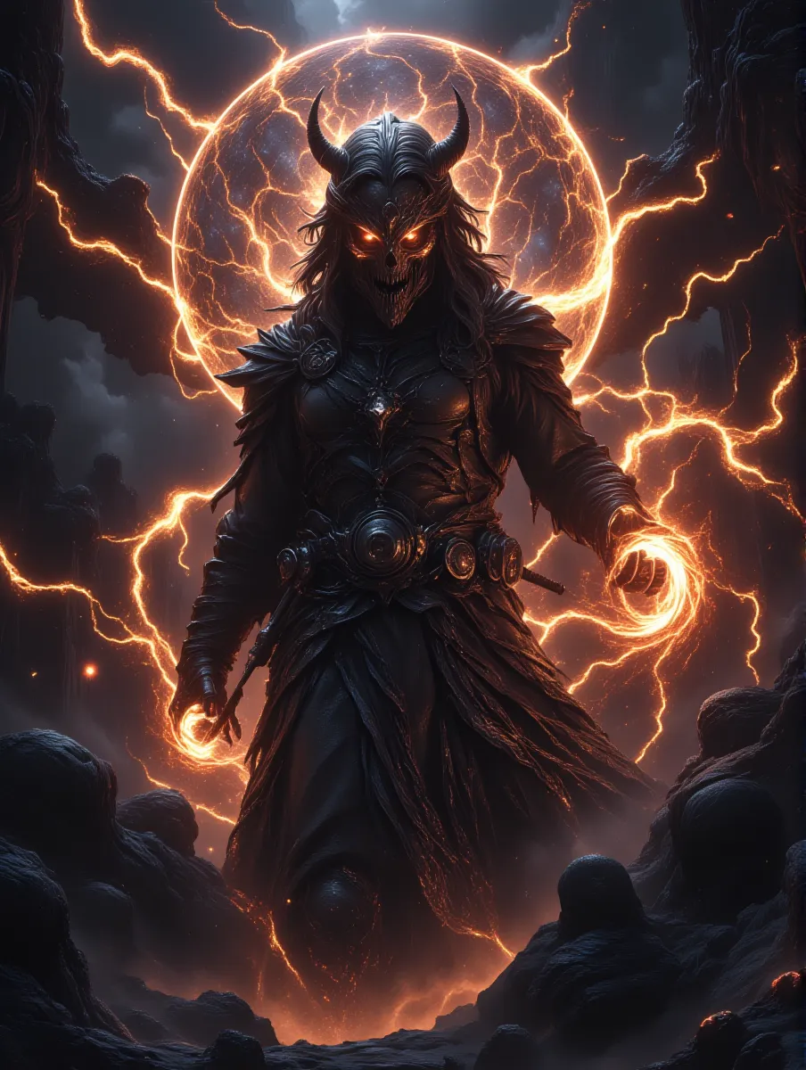 A surrealistic depiction of "Jnoun: the Jinn", with an emphasis on glowing features and ethereal, otherworldly elements. The scene takes place in a desert environment filled with swirling sands and vivid oranges. Jnoun himself stands tall and powerful, with glowing eyes and magical colored smoke emanating from his body. The general mood is mystical and a little dangerous, a sense of encountering an ancient and enigmatic entity. --auto
