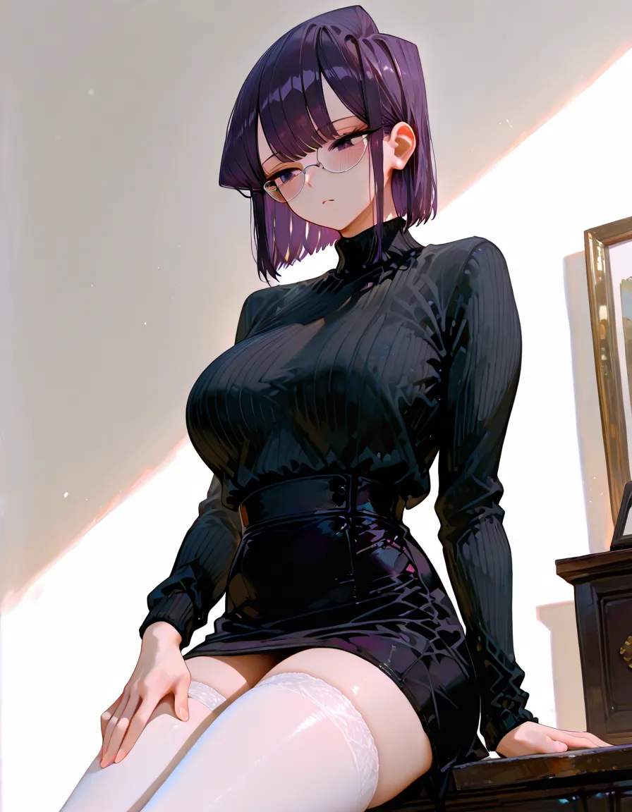(Masterpiece) (High Detail) (High Res) (white Skin) (アニメ) (Full body picture) beautiful young, gigante breasts, Gothic style, black sweatshirt, black shorts black clothes, bruncos, cross necklace, Grinning, looking from the front, black short hair