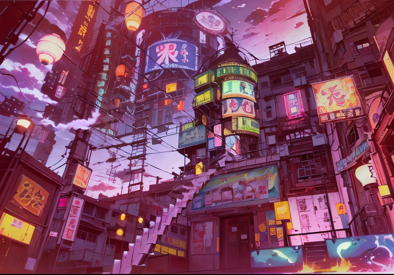 DVD screengrab from old movie, (walkway of a plastic kowloon-like doll city with winding roads and ladders:1.4), (vivid colors, russian artist inspired, neon signs and signposts:1.2), high detail, accurate perspective, masterpiece, white clouds on a blue sky, retro anime, tour view, street view, fog