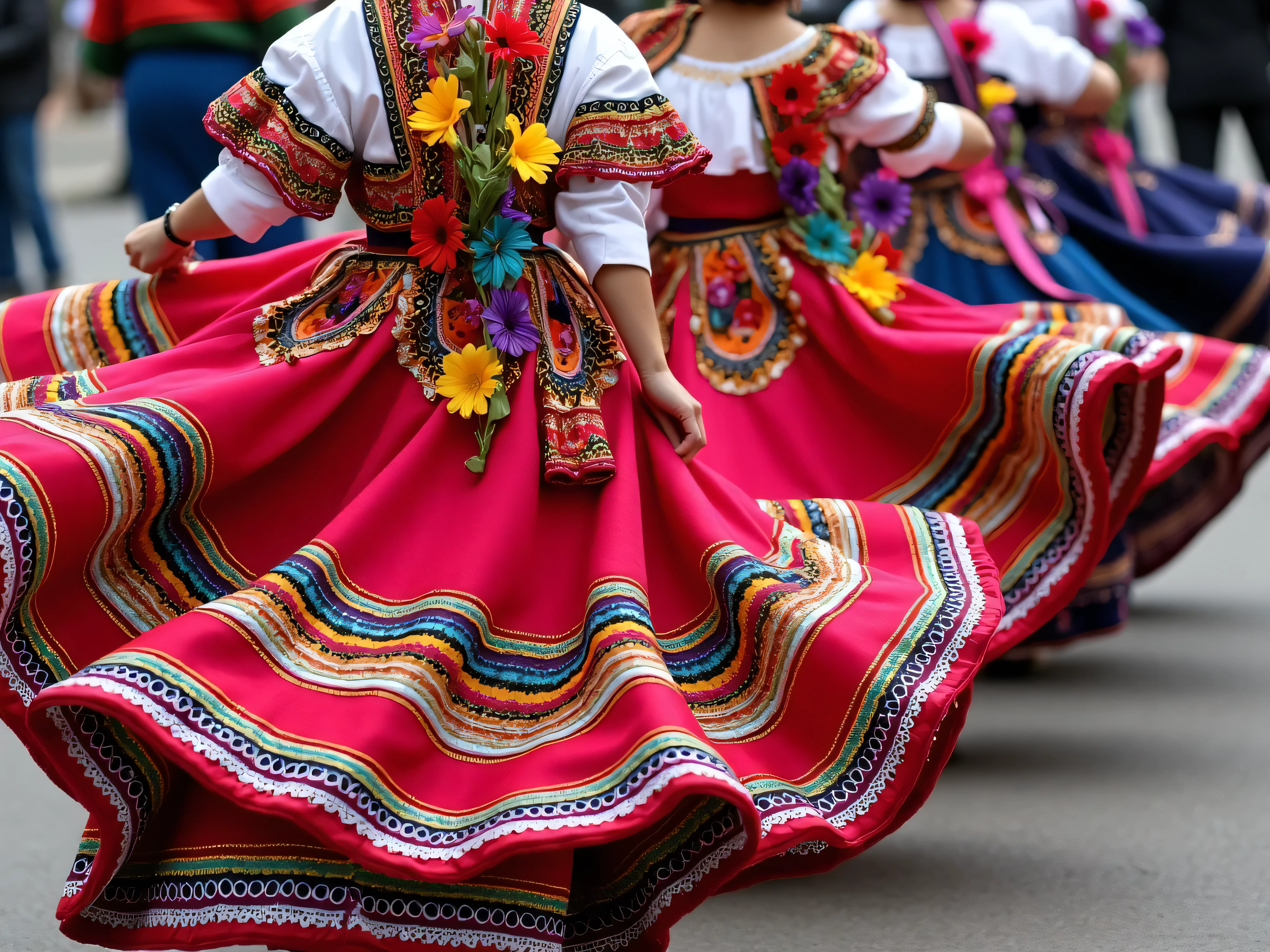 A colorful and dynamic image showing only the traditional Mexican dance costumes and accessories of four women in the midst of a dance — multi-layered, swirling skirts with bright colors and floral patterns, bright ribbons, and detailed embroidery. The image also includes colorful flowers woven into the costumes and accessories. The women themselves are not visible; only the movement and beauty of the costumes and flowers, which convey joyful movement, are visible.
