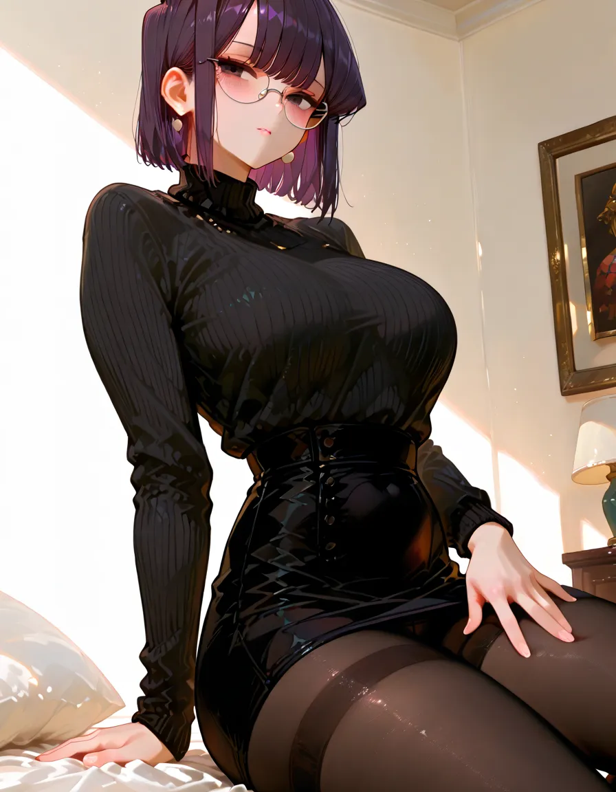 Girl, short hair, round lenses, D Cup Breasts, medium rear, black clothes, black japanese pants, black gothic style shoes, purple eyes anime