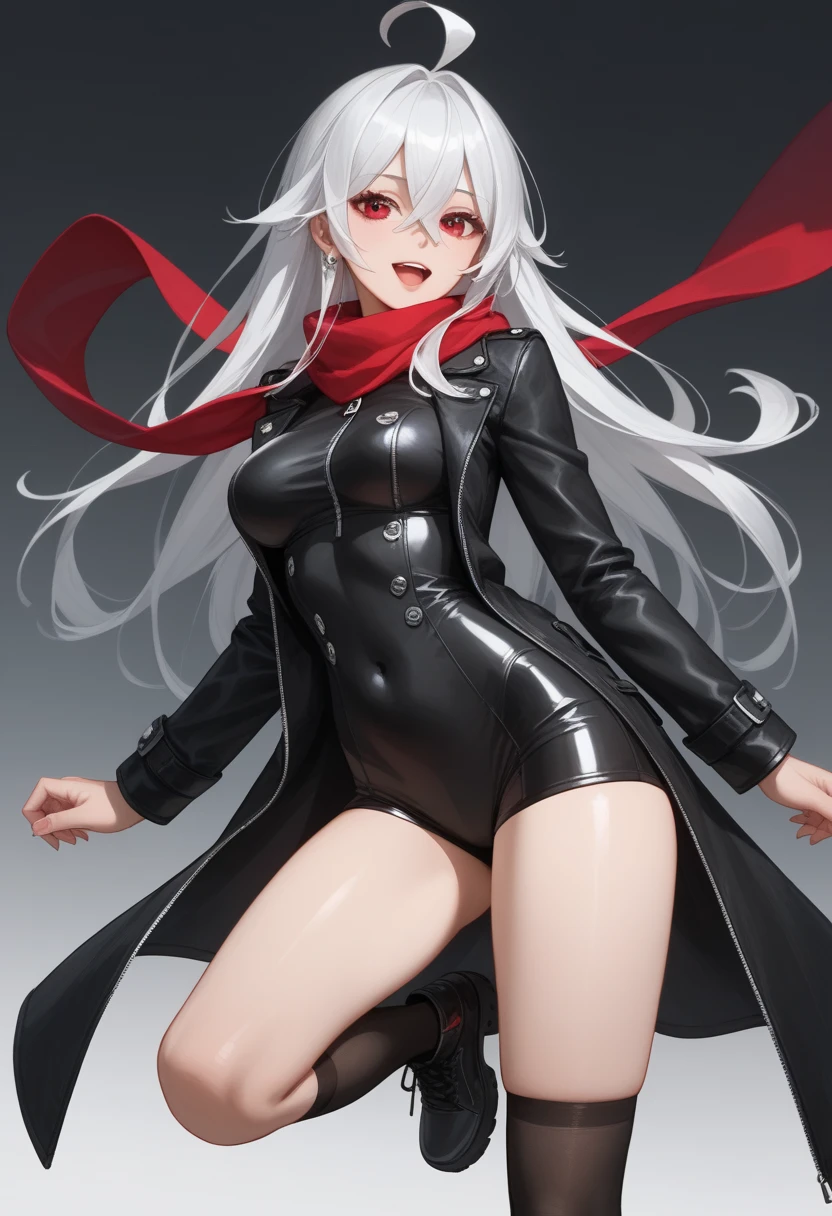 Tall, slim, She has long grey hair tied back in an enormous, messy ponytail that reaches down to her thighs, hair covering one eye, she wears a red jacket, wearing a black full-body suit, golden eyes, angle from below, laboratory background