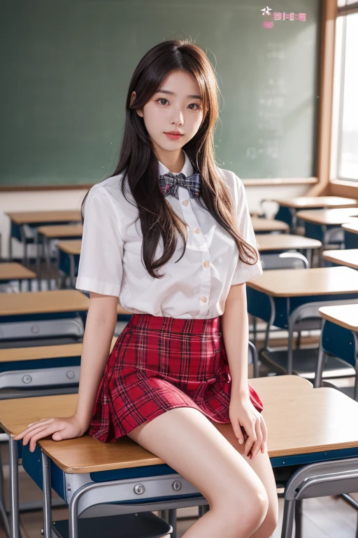 1girl,23yo.strawberry print panties ,.classroom,cardigan, female pubic hair, full body,hair ribbon, lips, loafers,looking at viewer, panties,plaid skirt, realistic, red ribbon, , shirt, short sleeves, simple background, sitting, skirt, skirt lift, smile, solo, spls, standing, striped, white neckerchief, white shirt.