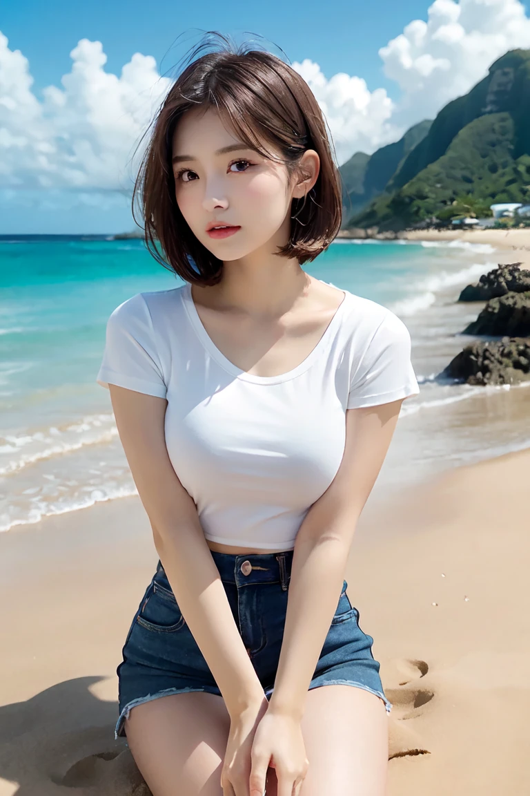 best quality,(original photo, high resolution, best quality), beach,seaside,Wear only thin underwear,Take off your clothes as much as possible, (Exquisite and beautiful eyes and exquisite face, slender figure, thin waist, Beautiful belly),papaya milk ,Developed beauties,, big breasts, (((t-shirt))), (shorts), charming, Pink shiny lips, ((Orange and pink sweep shorthair cat)), perfect style, Extremely detailed CG unified 8k wallpaper, Surrealism, super detailed,big breasts,big breasts,,Transparent clothes make you a little fatter,nude,very feminine,Less clothes,very feminine,Smile,Naked room,beach,Undress,Wear as little clothing as possible,Hips raised,girl,sunshine on face,Wear only thin underwear,unrestrained beauty