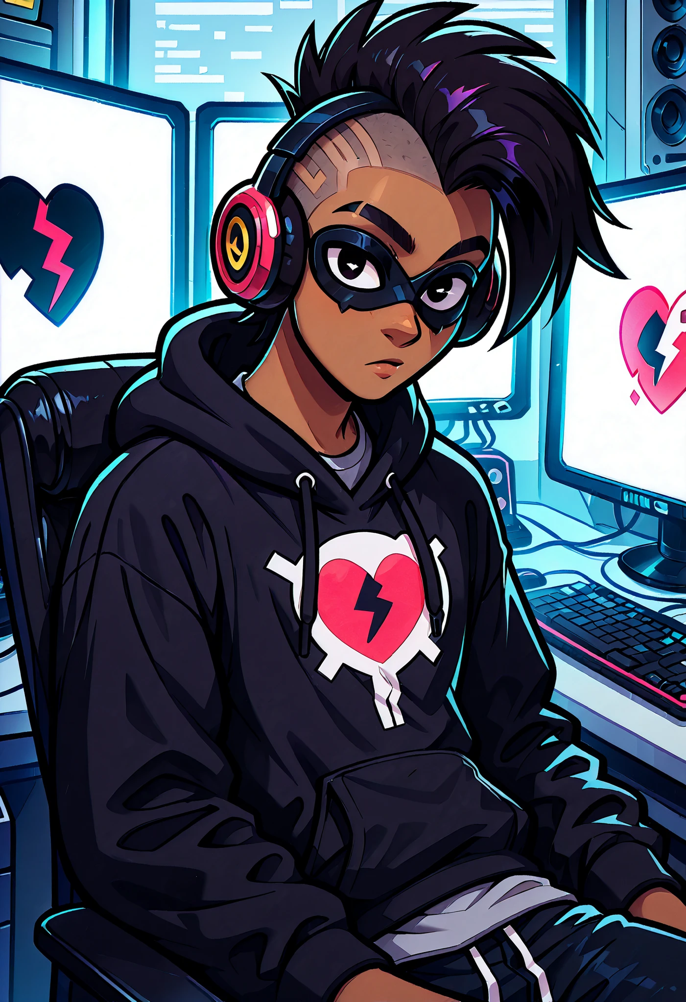 masterpiece, best quality, very aesthetic, absurdres, safe, (masterpiece), 1boy, mohawk, dark skinned African male, strong upper body, solo, best quality, expressive eyes, perfect face, newest, perfect anatomy, flawless face, black hoodie with hood being worn, baggy black jeans, visor, gray t-shirt with broken heart graphic, sneakers, looking at viewer, headphones, dimly lit, backlit, backlighting, in a fancy music studio, using the computer, digital lighting