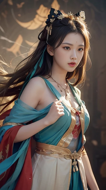 nsfw,(RAW photo, best quality),(realistic, photo-realistic:1.3),best quality,highly detailed,masterpiece,ultra-detailed,illustration,1girl,upper_body,dynamic angle,world masterpiece theater,messy_long_hair,best quality,extremely detailed CG unity 8k wallpaper,ink,Amazing,cinematic lighting,lens_flare,dunhuang_style,
