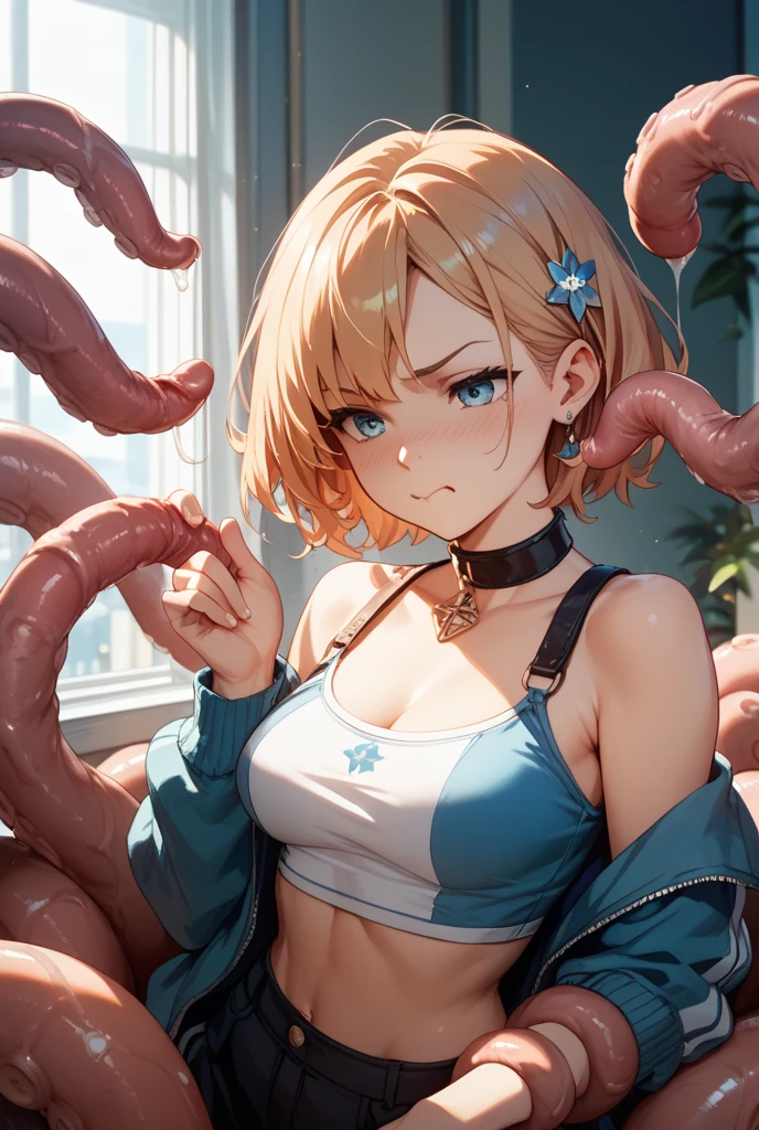 masterpiece, absurdres, best quality, ultra detailed, high Resolution, detailed illustration, bright colour, (extremely beautiful detailed face and eyes, Delicate beautiful face, 1 girl, 18yo, cute face:1.3), (magenta eyes:1.1), sparkling eyes, big eyes, (medium breasts:1.3), (perky breasts:1.1), (pointy breasts:1.1), medium hips, glamorous body, white skin, BREAK, (blonde hair:0.8), messy hair, detailed hair, shiny hair, BREAK (undressed, casual dress, Torn clothes), perfect lighting, (ecstasy, vulgarity:1.5), (embarrassed:1.3), (Sweaty:1.1), (cum:1.3), (Ultra thick Tentacles in pussy, rape:1.3),