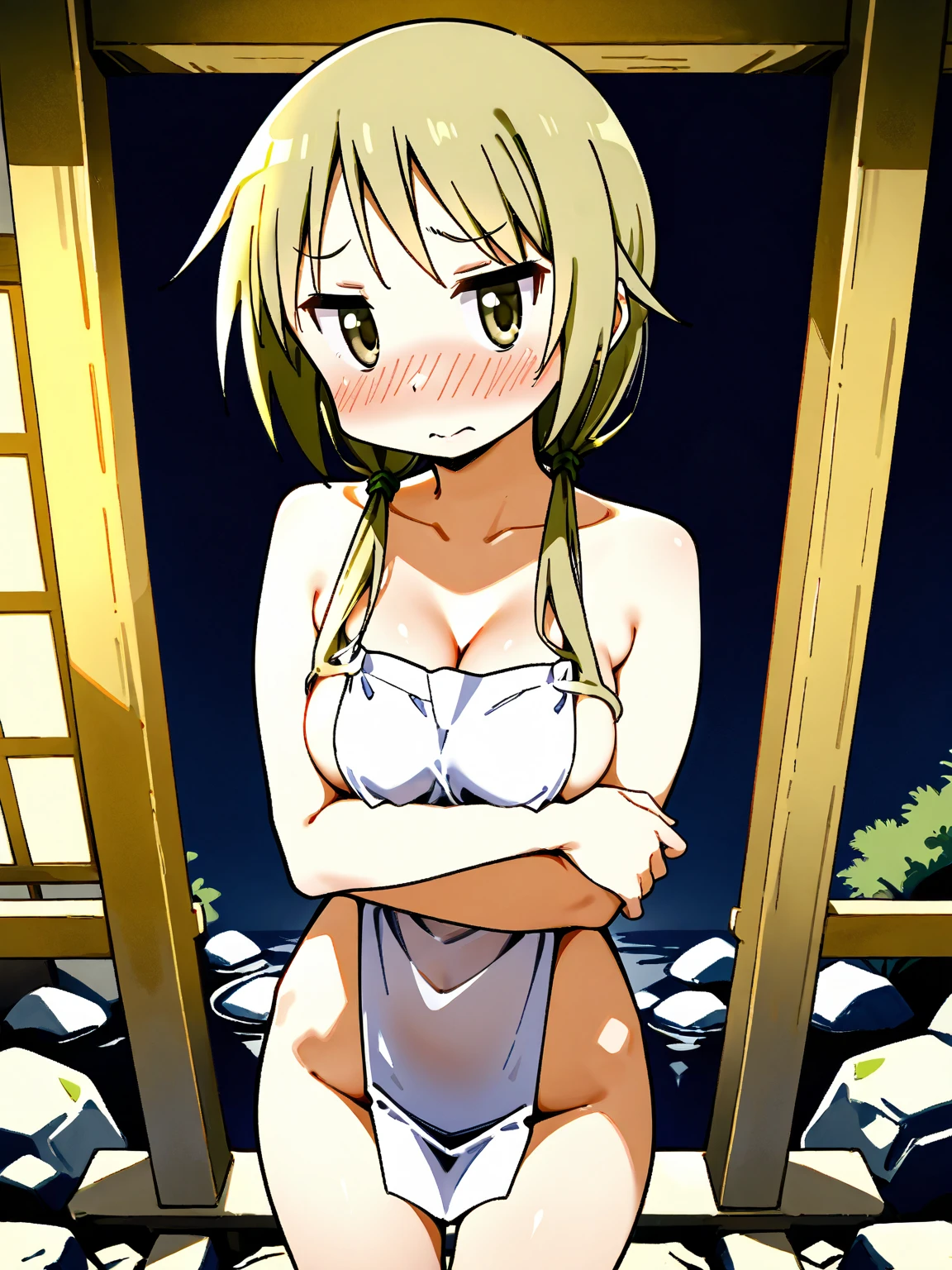 nsfw,Yukari Yakumo, Small breasts, chic, Blonde, Mob Cap, shrine, , naked, at night, Perfect body, vapor, chic