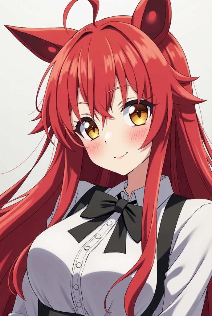 1girl, 20s, upper body, red hair, very long hair, fox ears, white shirt, breasts, looking at viewer, seductive smile, one eye closed, hand on own chin , petals, masterpiece, best quality