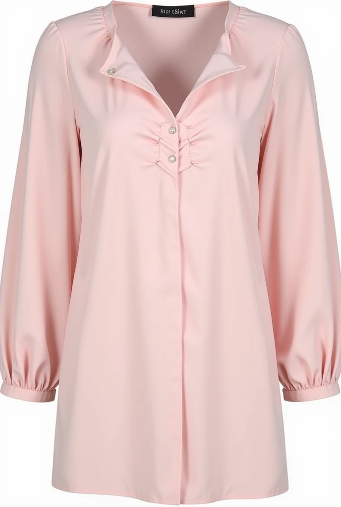 A close-up view of a curvy woman in a pastel pink dress. The fitted bodice with white buttons accentuates her curves, while the sheer puffed sleeves and flowing skirt add a touch of femininity and grace to her look.