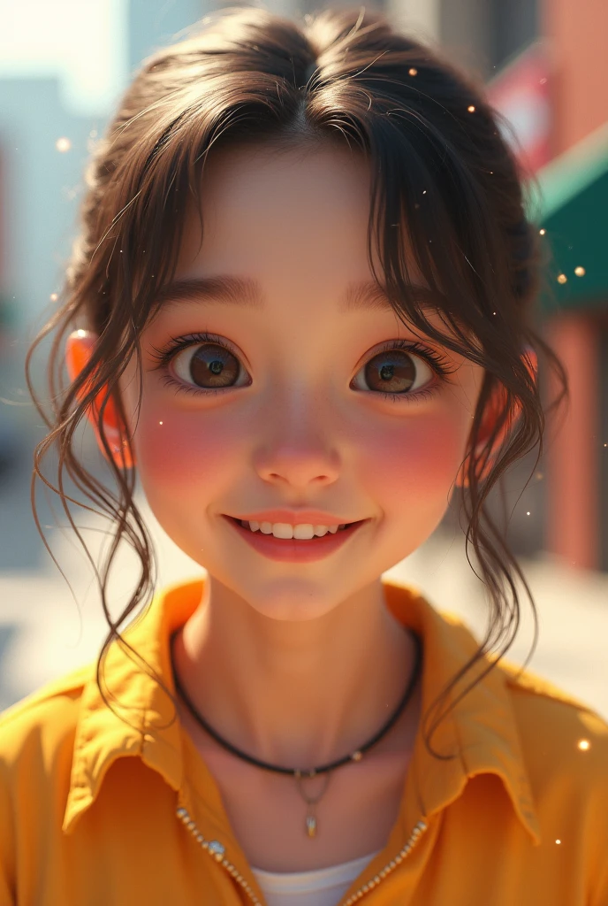 a super cute girl, big eyes,brown hair, Pigtail hairstyle ,princess he
adband,Wearing an orange Ultrama printed ,T-shirt Hands on the sofa , A naive smile, IP by pop mart,movie lighting,Soft focus,
girlsolid color background, 3D render,blender,oc,ultr
a high definition --ar 9:16 --auto
