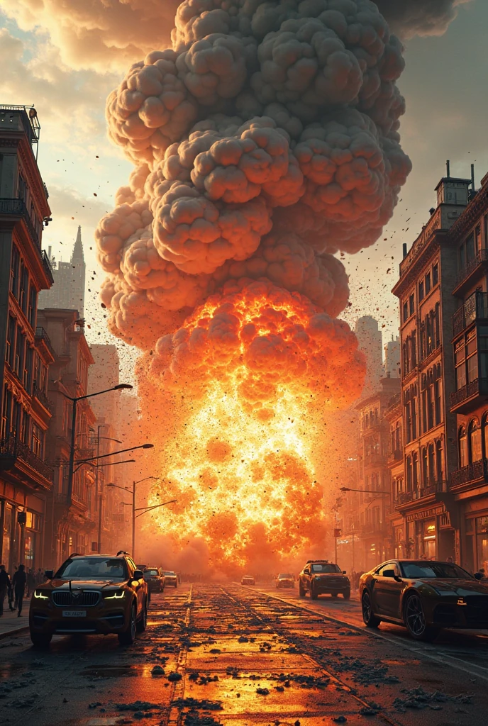 cidade vista de cima, Multiple people walking, Pedestres, civilization, explosion in the middle of the city, Scenario in chaos, destruction, Bombas Explodinhdo, black smoke, fogo, rua muito grande, various cars and houses, Cidade completa e clara, Estilo anime, anime dash, qualidade full hd, super qualidade, 16k, cores vibrantes, animation stroke, Webtoon