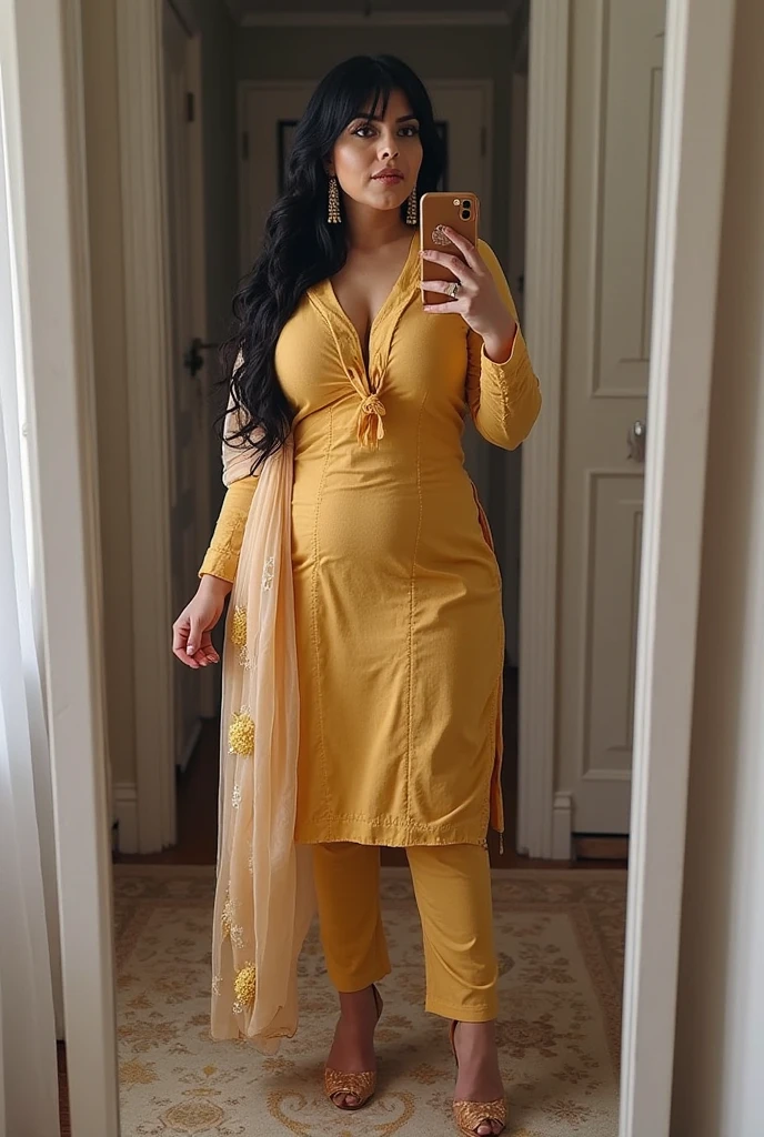 Close-up photo in perfect yellow kurta pajama with red dupatta, big naughty Play woman standing, gorgeous,thin waist,beautiful long black hair,smiling shy face,pinky chick's, half covering brest,beautiful fingers(luxurious decorated bedroom scenary) colorful, cotton hairband