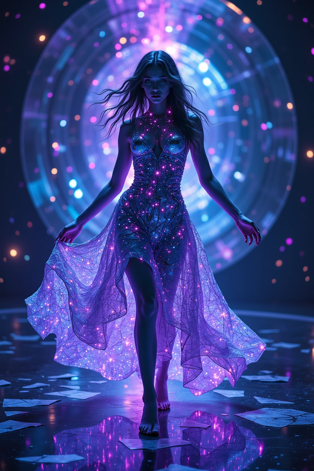 8K,RAW Photos,Highest quality,masterpiece,reality,Very detailed,Live Action,Very beautiful woman,Android,cyborg,cyber-,Fusion of machines and organisms,((whole body:1.8)),((Very detailedな電子機器)),((Skin that clearly shows the internal electronics)),Very thin connecting wire,Wet body,Rainbow skin that is completely transparent,Wet long messy hair,Advanced AI,neon,Small glowing LED light,future,Glowing Skin,A long dress made of light particles,Big eyes,Long eyelashes,Fantasy,movie,Angel,Elegant posing,In the water,35mm camera,f/1.8,High heels made of light particles,