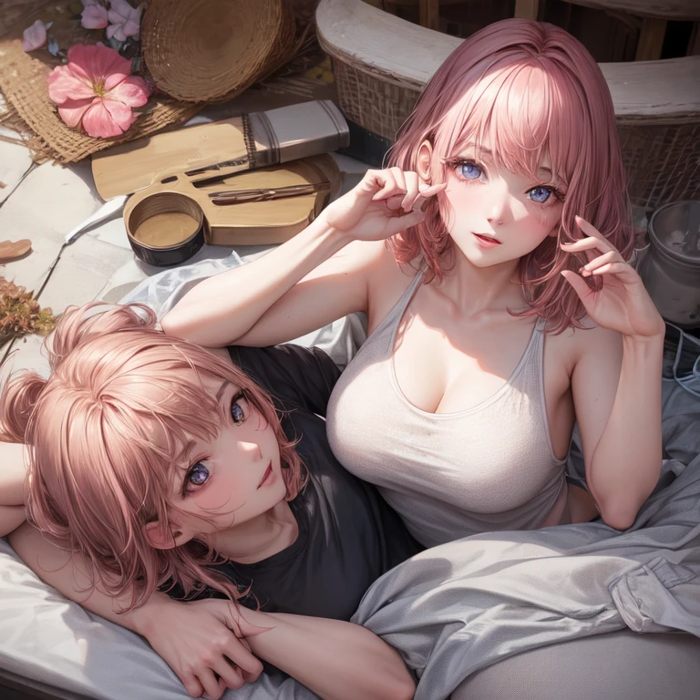 Very detailed CG Unity 8K wallpaper, Cute One lady, Mature pink hair、lady ,beautiful lady, pale skin (Super masterpiece, Beautiful person, well detailed face polluted smile, Photorealistic, hyper realisitic)、Japanese Style Hair Accessories、smile、Japanese background with light pink flowers and snow、Portrait、(pink eye)、(flat chest:1.3)、Detailed eyes、Big eyes、Open your mouth、Hide your arms、(pussy:1.3)