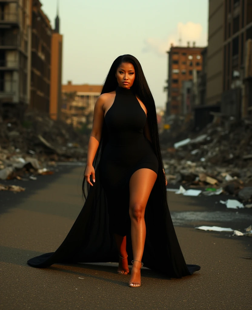 Aerial shot and fish eye view  shot of black woman dressed in a long wavy dress standing on top of a skyscraper piercing through the earth into outer space, earth and city buildings in background, artgerm style, 32k, ultra HD, unreal engine rendered, hyper-realistic image 