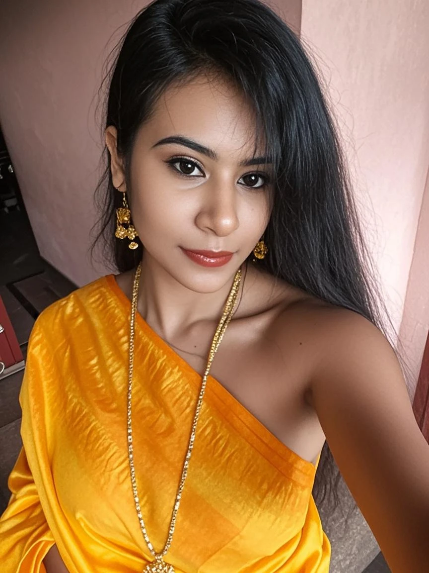 A glossy skin girl, age 23 years old, wearing saree, cleavage, background flowers, glossy skin, wearing rings, bangals, detailed eyes, full makeup, eyebrow colored, Asian face, looklike a Indian