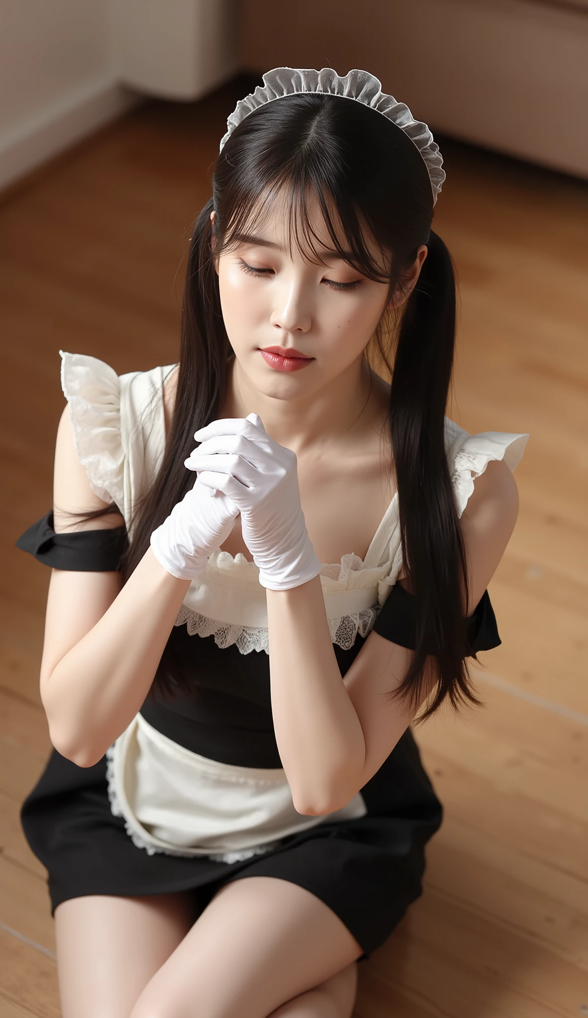 32k, Masterpiece, top quality, ( Korea's Beautiful Woman) High-angle, close-up view, pigtails, maid outfit, white top, black bodice, short skirt, lace, kneeling, serene expression, eyes closed, hands clasped, white gloves, wooden floor, warm lighting, indoor setting, soft romantic feel, cosplay, themed photoshoot, warm muted colors, browns, white, black.