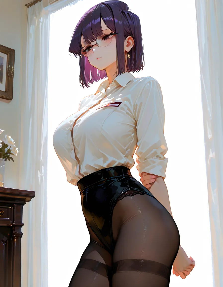 purple short hair Glasses white blouse black tight skirt stockings (lanyard id card) 55 years old red rouge plump lips round face Plump Eyes meet Office on the top floor of a skyscraper Female President