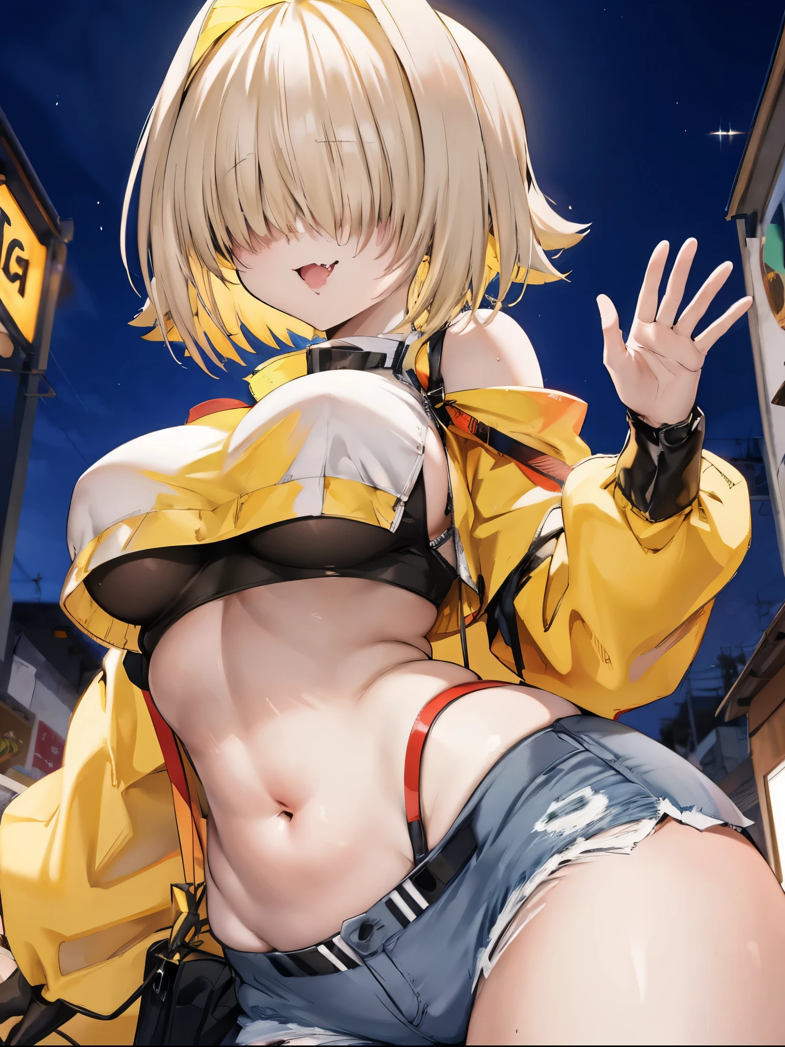 score_9, score_8_up, score_7_up, source_anime BREAK 1girl, solo, elegg, short hair, bangs, hair intakes, multicolored hair, hair over eyes, crop top, bare shoulders, long sleeves, suspenders, midriff, navel, short shorts, thigh strap, multicolored_gloves, large breasts, looking at viewer, thick thighs, (plump:0.5),(plump_lower:0.7), standing, smug, waving,
,future_city_background,night,under_breasts,lighting, (sharp_glance:0.2),nihil_smile,fang, pockets_protruding_from_shorts