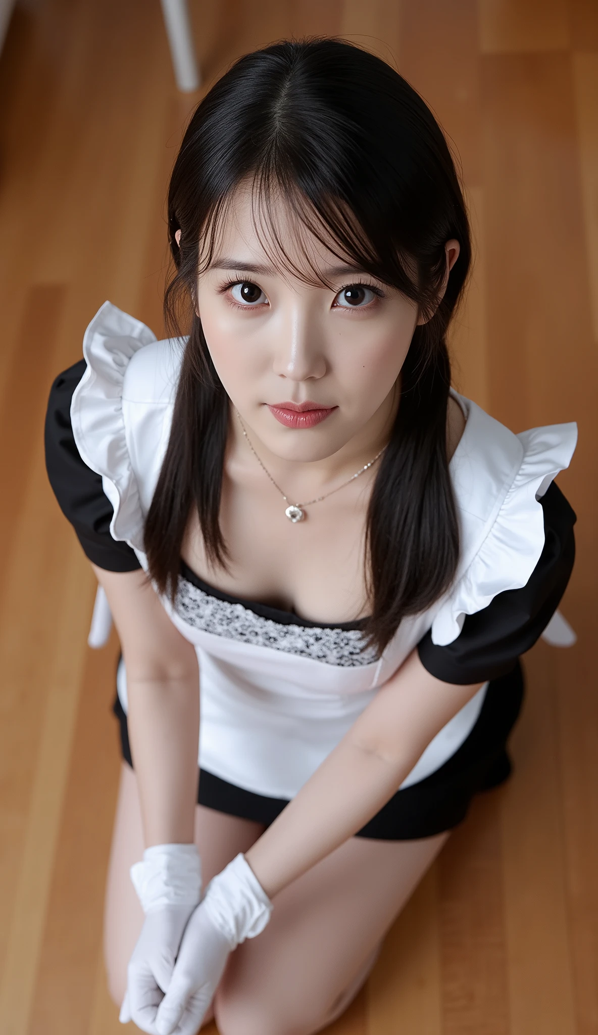 32k, Masterpiece, top quality, ( Korea's Beautiful Woman) High-angle, close-up view, pigtails, maid outfit, white top, black bodice, short skirt, lace, kneeling, serene expression, eyes closed, hands clasped, white gloves, wooden floor, warm lighting, indoor setting, soft romantic feel, cosplay, themed photoshoot, warm muted colors, browns, white, black.