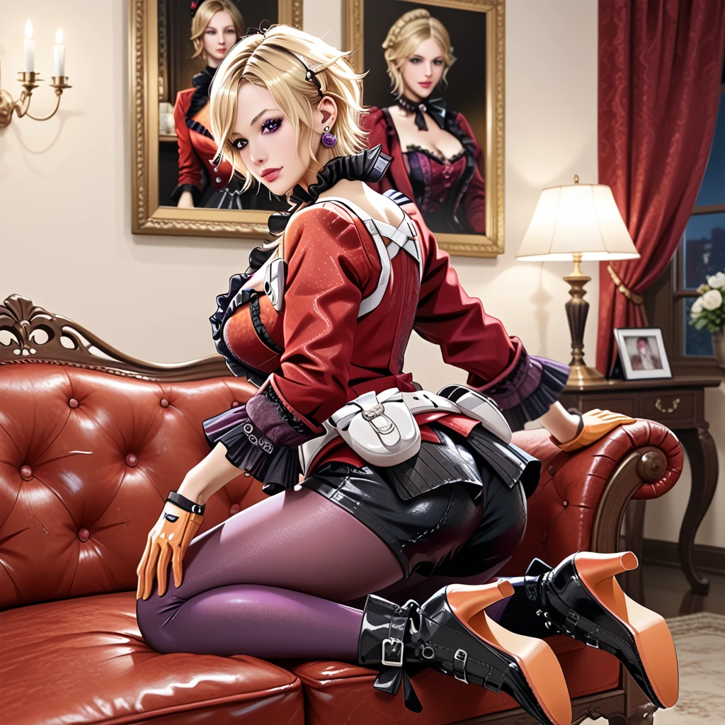 sorceress, sitting, boots, fishnet stockings, mini skirt, rebel, red panties
