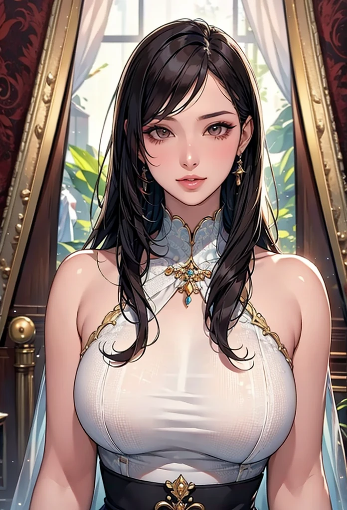 (RAW Photos: 1.2), (Photorealistic: 1.4), (Intricate Details: 1.2), (Masterpieces: 1.3), (Best Quality: 1.4), (Ultra High Definition: 1.2), Cinema Light, Ultra High Definition, (Detailed Eyes), (Detailed Facial Features), (Detailed Clothing Features), See-Through Bra, Japanese Clothing, Beauty, Princess, Queen, Woman in her 40s, Mature Atmosphere, Calm Eyes, Sharp Eyes, Hair Ornament, Gold Necklace, HDR, 8k Resolution, Viewer's Show, Skin Tight, (Shiny Skin), (Slender Girl), Dreamy, Candlelight, White Flower, Thin Waist, (Extreme Detail Illustration), Bedroom, Straight Hair, Long Hair, Black Hair, Light Green Eyes, 1girl, Cute, Innocent, (Smile), (Innocent Smile), Slender Body, Indoors, Breasts, Big, Super Big, Beautiful Nits, dynamic_color_range, Full Body, Standing Pose, Detailed Gold Cloth Texture, Detailed Face Texture, Perfect Body, (Big), Hiqcgbody,