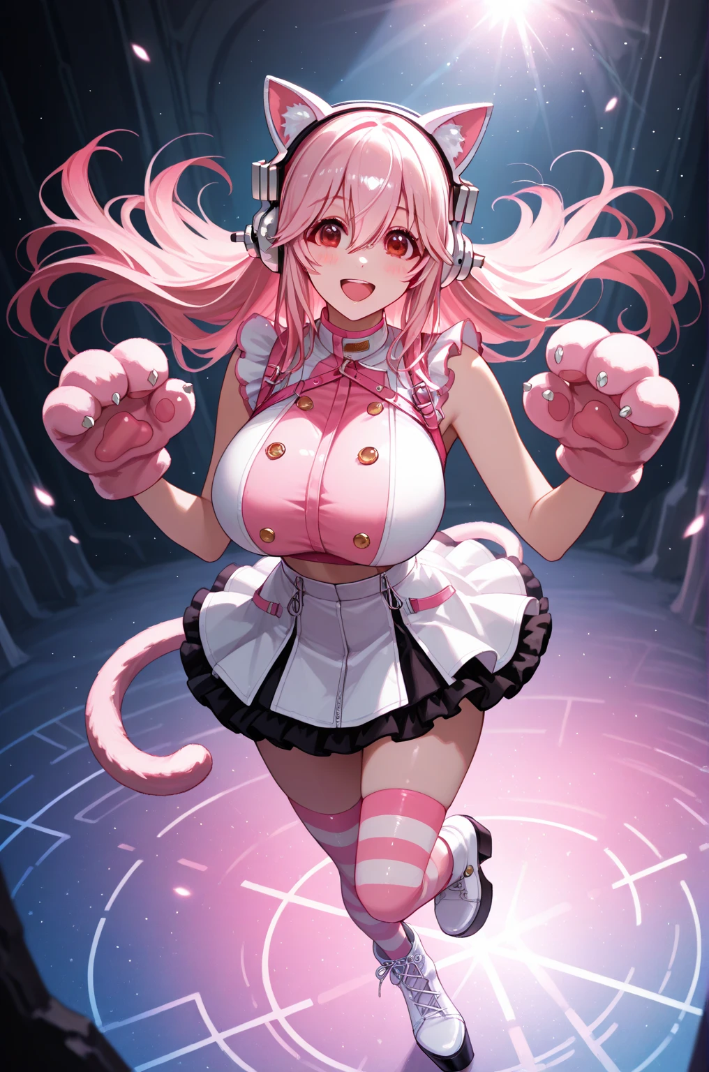Happy young girl, with wolf ears and pink hair, holding her cheeks, wolf tail, wearing a latex dress, looking at veiwer, full body, you can see her chest, naked breasts