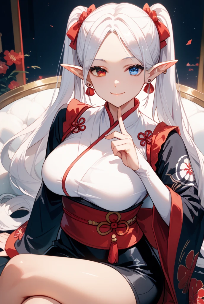 best quality, masterpiece, highres, solo, {white kimono:1.35}, {red hakama:1.35}, {wide sleeves:1.20}, {mudrock_arknights:1.15}, horns, long_hair, bangs, red_eyes, pointy_ears, white_hair, breasts, hair_ornament, infection_monitor_\(arknights\), large_breasts, upper_body, oripathy_lesion_\(arknights\), cleavage, jewelry, parted_lips, grey_hair, hair_flower