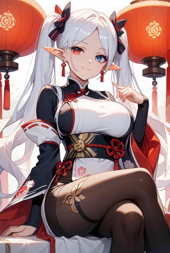realistic image, coherent image, detailed image, 1 beautiful elf. She has silver hair, long hair. Yellow eyes, long eyelashes. Her face is oval and delicate. Smiling. She wears a red Cheongsam, side slits. She has a curvy body, medium breasts and thick thighs. Chinese temple, flower petals falling around. ambient light, volumetric light,