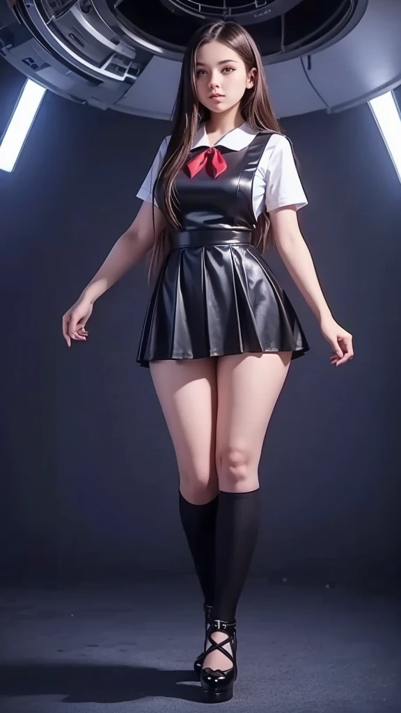Cute idol girl、whole body、Good style、、Black Shorts、、、、、、、Red Marching Band Costume(Marching Hat)、Cool Belt、Fishnet tights、Knee-high boots、