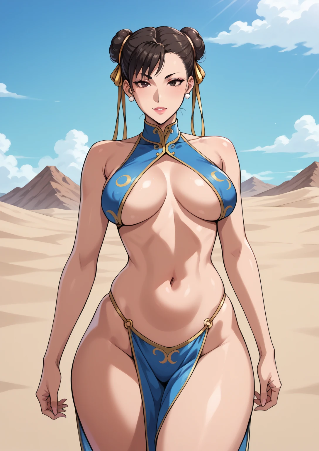 score_9_up, score_8_up, score_7_up, 1girl, solo, mature female, Tsunade, looking at viewer, blonde long tied hair, brown eyes, ((small purple rhombus on forehead)), red lips, parted lips, fit slim body, perfect medium erected breast, (((slave Leia outfit))), (((sand beach))), perfect model body, naughty smile, standing and showing her ass, from behind
