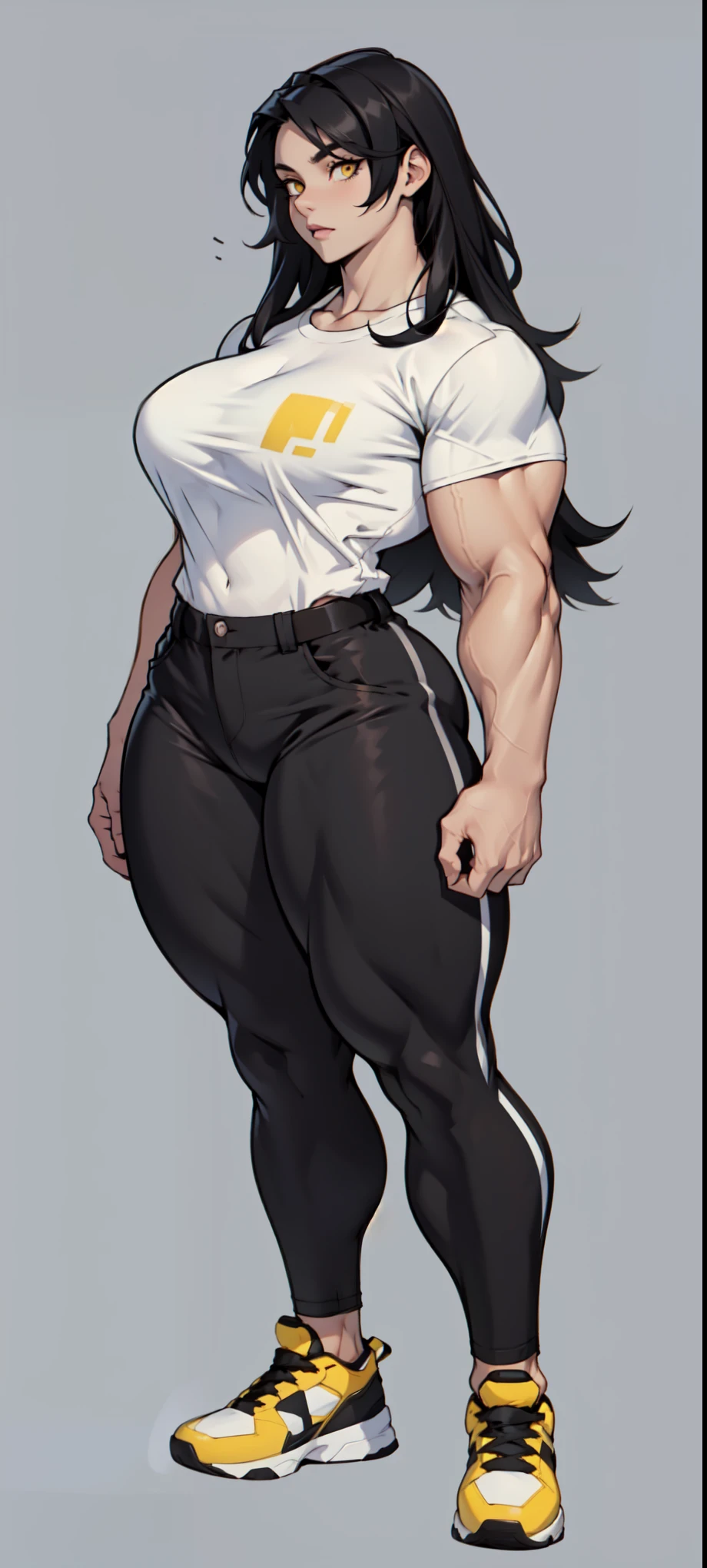 pale skin 1girl Massive Female Bodybuilder huge breasts thick thighs black hair yellow eyes bodybuilder (tight shirt and pants full body long hair grey background)