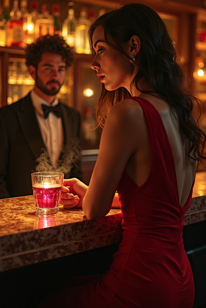 a woman pouring drink at bar,dimmed lighting creating cozy ambiance,woman interacting with customers,soft glowing lighting on woman,bar interior at dusk,realistic detailed,photorealistic,4k,high quality,masterpiece,dramatic lighting,moody atmosphere