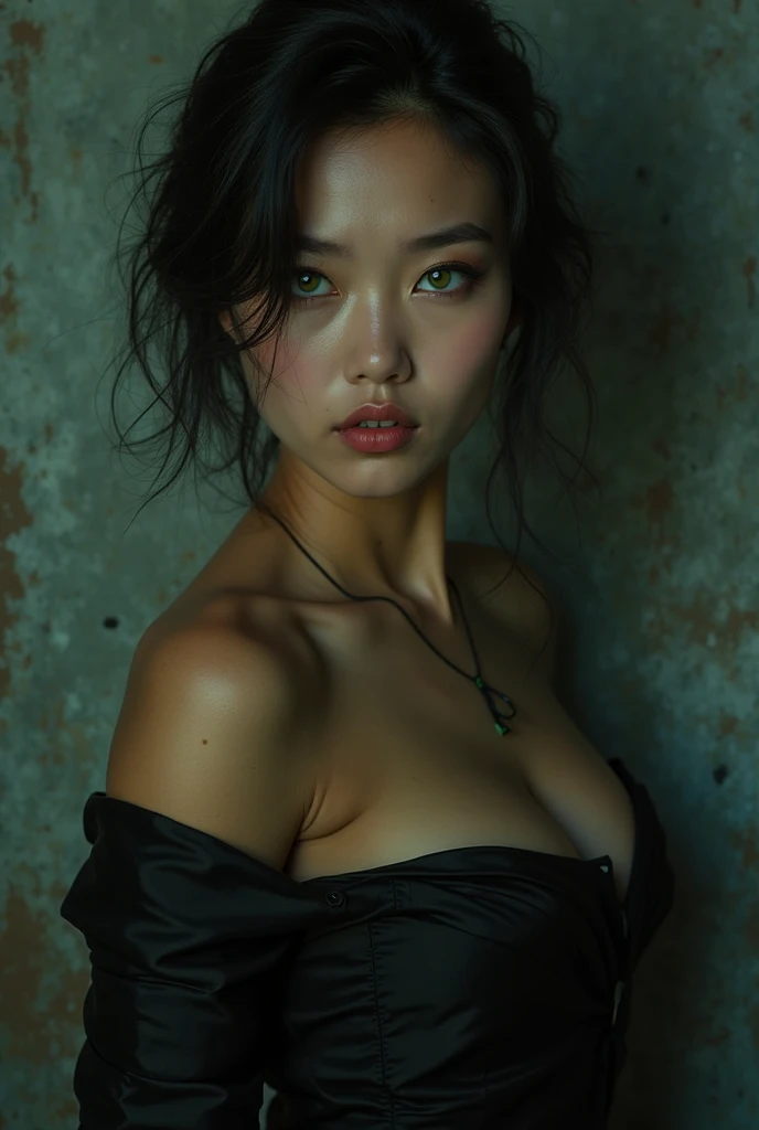 Photorealistic, 20 year old Caucasian woman, full body, transparent blouse, sexy dress, green eyes, black hair, detailed face and body, small golden necklace, top view, natural lighting, high resolution, photoRealistic, (Best Quality,8k,high resolution,masterpiece:1.2),ultra-detailed,(Realistic,photoRealistic,photo-Realistic:1.37)