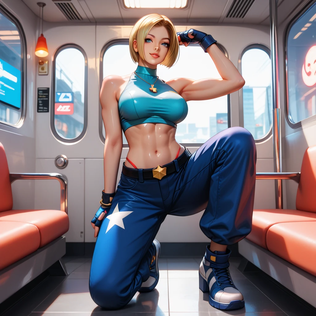 a woman with yellow hair, fair skin, blue eyes, wearing
yellow shorts and shirt, ankle socks, large breasts, expression of joy, happiness, sensual pose.
