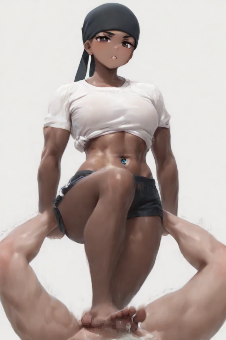 female shemele,muscle, brown skin,Inmate,naughty face, breasts big, Waist slender, very thick thighs,big hard penis, barefoot ,