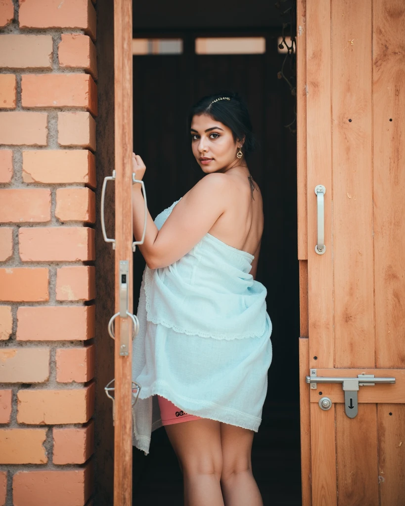 Craft a hyper realistic and vivid description of an exceptionally attractive Gen Z Indian girl who skillfully fuses traditional elements with contemporary style, in hot western clothes and looking at sun and back view