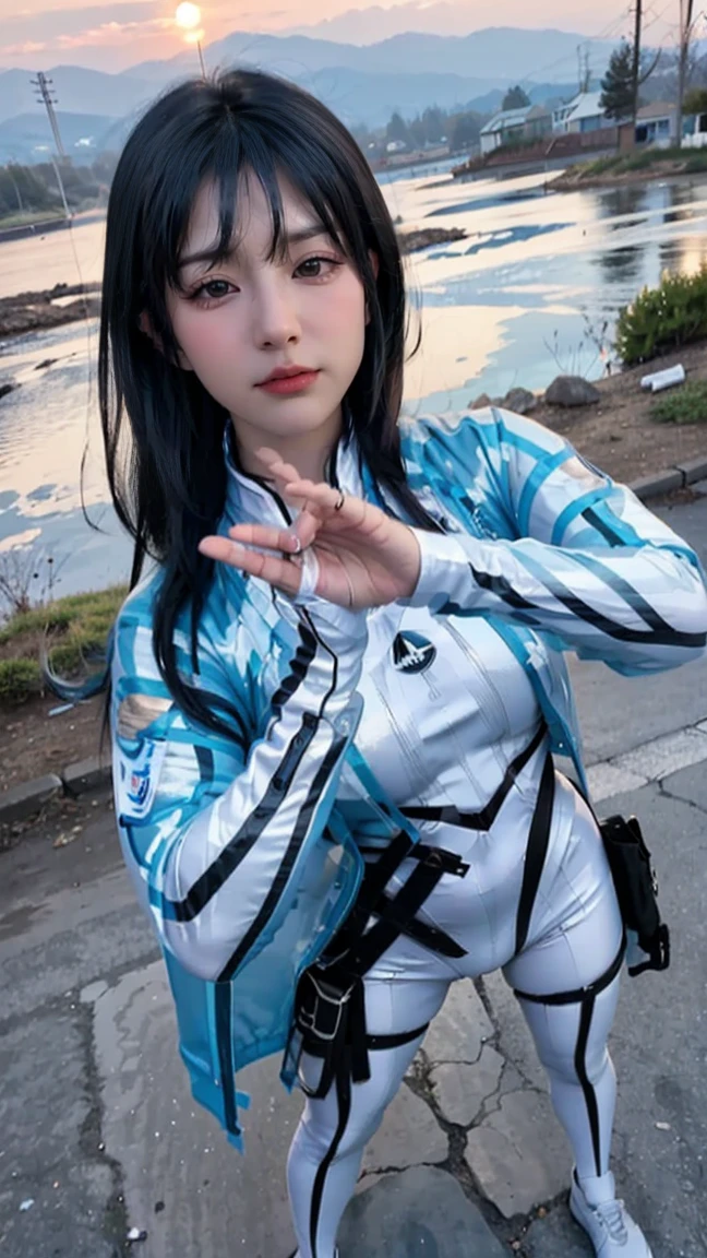 <lora:Nanami-10:1> Nanami, solo girl, medium boobs, nude, lean body, selfie, open black and blue skimpy jacket, exposed boobs, semi realism, beach background, short hair, mature female, perfect female body, narrow waist, bottomless, looking at camera, exposed midriff, belly button, hands on waist, realistic skin tones, smiling face, brown hair, beautiful lighting, deep shadow, best quality, masterpiece, photorealistic <lora:Nao_Nagasawa-10:0.5>
