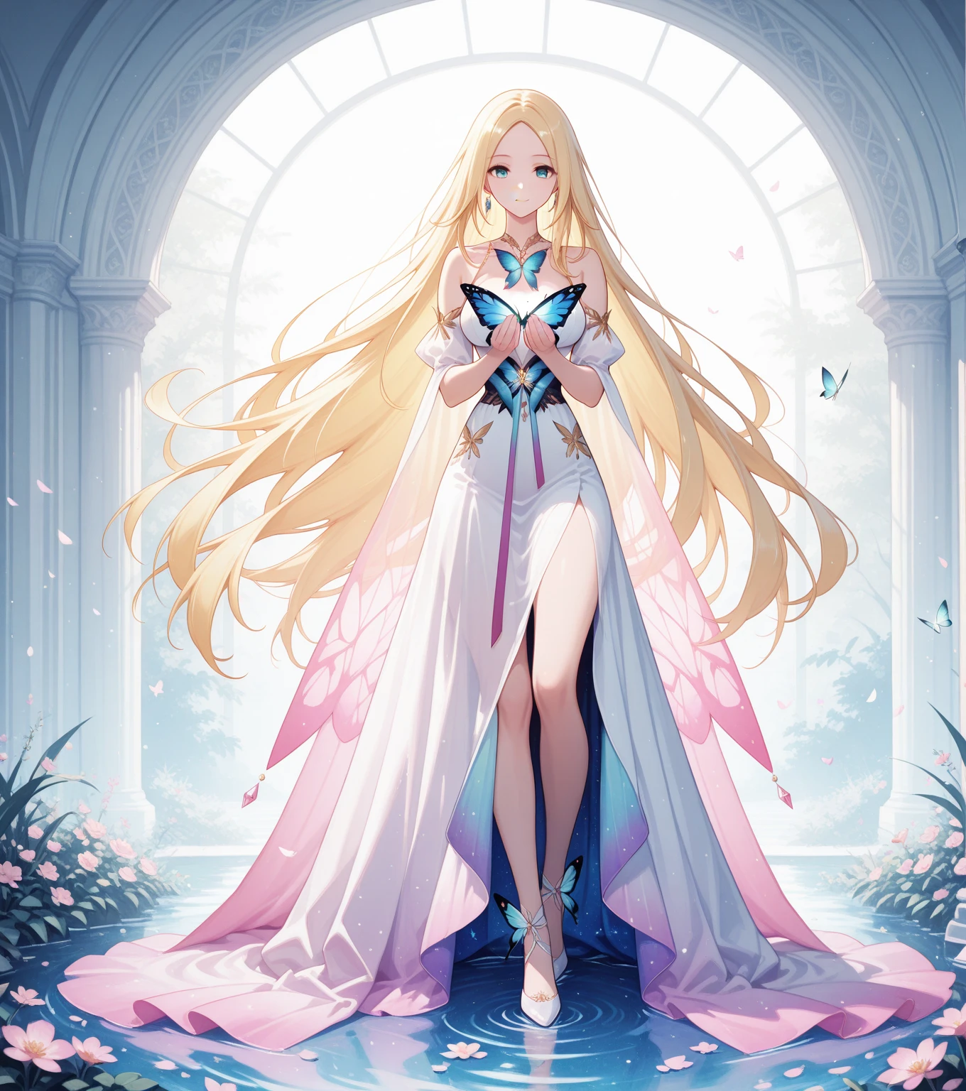 ((best quality)), ((artwork)), ((extremely detailed face)), ((perfect lighting)), ((extremely detailed CG)), ((perfect hands, perfect anatomy)), Appearance= Slender, voluptuous figure, pale skin, youthful, ravishingly beautiful, high forehead, doll features, thin nose, full lips; light pink eyes; very long, flowing ash blonde hair Personality= Modest, reserved. Clothing= Long sleeveless white dress Occupation= Dawnstar, Princess Starfall Reputation= The most beautiful woman in the world.