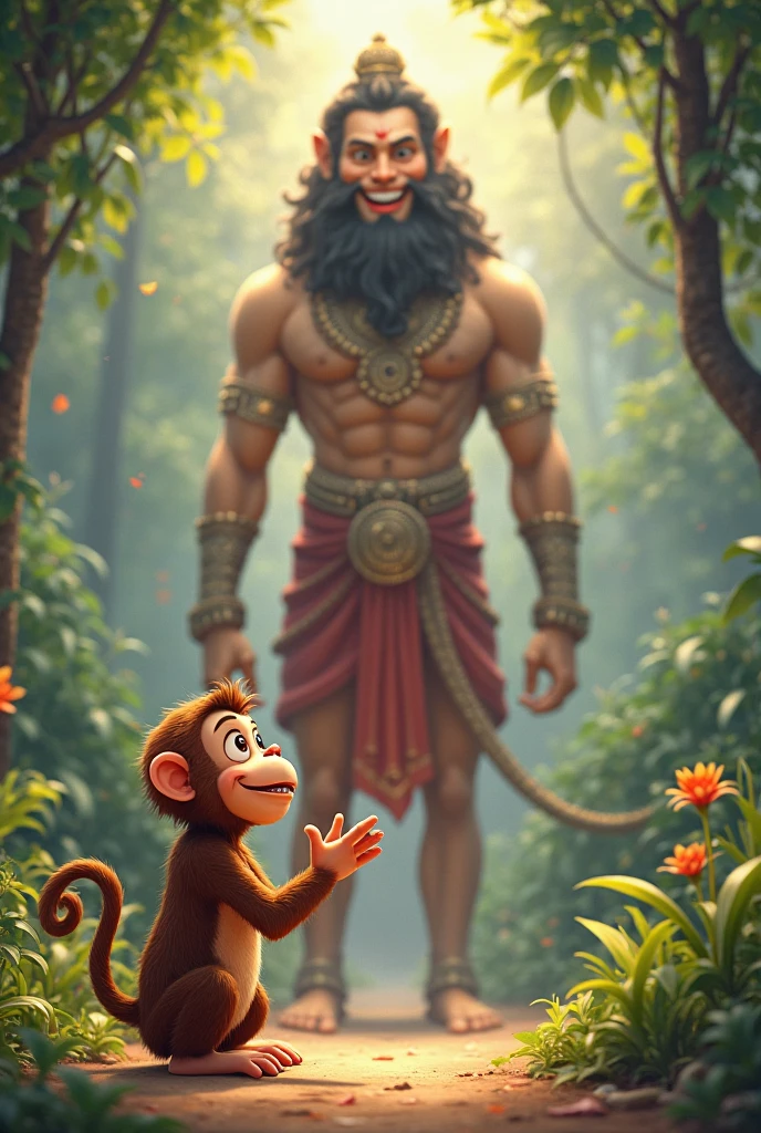 A lush jungle scene with a playful monkey and a wise Hanuman. Both are swinging from trees, having fun together. The background is filled with dense green foliage and vibrant flowers.