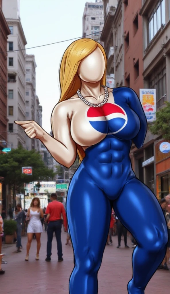 (((Masterpiece: 1.5))), ((2D Vector Style Image: 1.2)), Solid colors, vivid colors, front view, high angle view; Blonde woman with large breasts, ((dressed as Pepsiman)), full body costume, running; ((background vector style: 1.2)), city, midday light