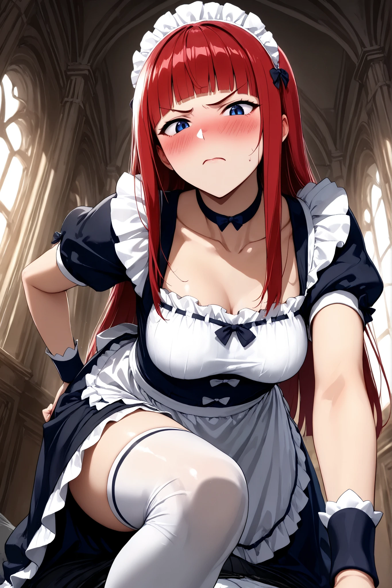 1girl,Active angle.masterpiece, absurdres,from below,cowboy shot,Maid's uniform. . Tsundere. Blush.. Raising one knee.
,heroine,(masterpiece, detailed:1.2),Straight hair,Long hair , blunt bangs,Looking down.Knee-high socks. Shyness.blue eyes,
Standing with one knee up.looking at viewer,Mature woman.hand,Riding on top, seduction.Bending forward., medium breasts.
Heroine,Collarbone. Short-sleeved puff sleeves. Shyness, wristband.. Inside the mansion.Straight hair,Long hair ,Red Hair, blunt bangs,
Heroine