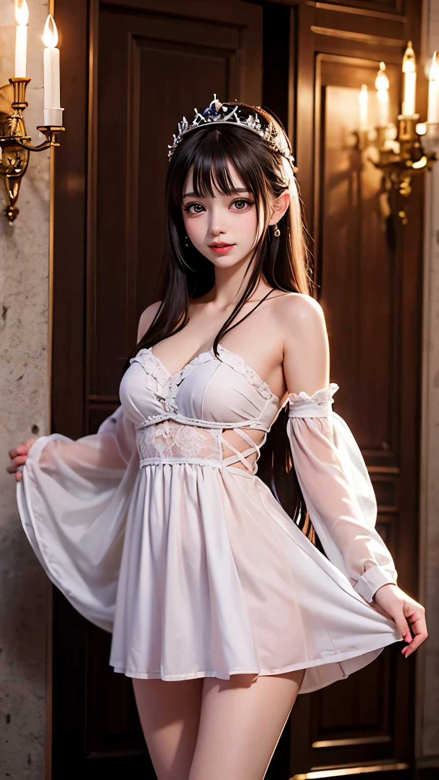 One Woman、masterpiece、Surreal((Superb photo quality、super high quality))((((White、Sexy Dress、Gorgeous rhinestone decoration、The ultimate mini skirt、Choker on neck、High heels、)))))((Bright smile))、((Beautiful Hair、Super long straight hair、Moisturized hair、Redhead))(Droopy eyes、Sparkling eyes、Eye-catching、stare)(((13-year-old girl、Small face、Super Baby Face、Idol Makeup、Surrealな質感)))(Fair skin、Realistic Skin、Very white skin、超Big Breasts)((Super dark upscale bar、Leather sofa、Rococo))、Beautiful armpits、Firm chest、Round Breasts、Small waist、Waistline、Long legs、Bold and erotic、Sexy pose、Big Breasts(((Full Body Shot)))