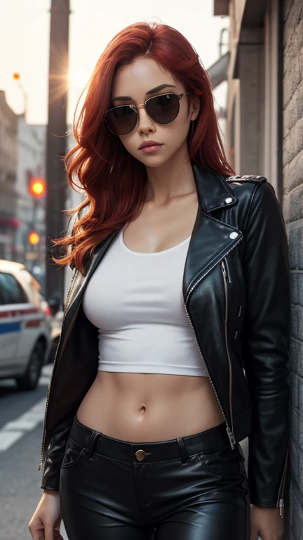 1woman, red hair, eyeglasses, parted lips, large breasts, black tank top, blue shorts, pink leather jacket, sexy style, seductive and horny looking,