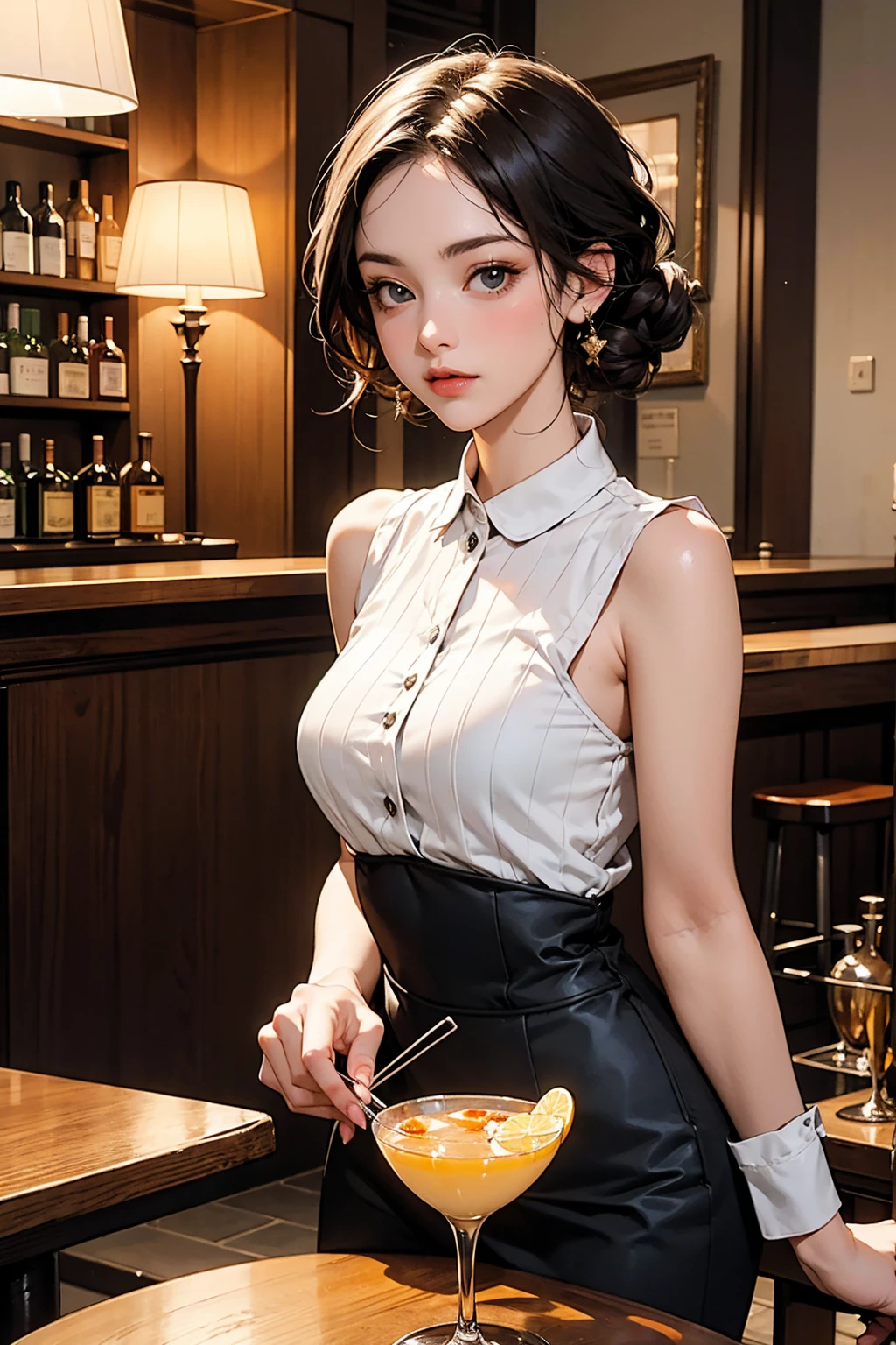 (hotel bar counter,female bartender,(Shake a cocktail using a shaker)),white blouse,(ebony skin:1.5),(Thin type:1.8),(big breasts),(random hairstyle),(Highest image quality,(8k),ultra-realistic,best quality, high quality, high definition, high quality texture,high detail,beautiful detailed,fine detailed,extremely detailed cg,detailed texture,a realistic representation of the face,masterpiece,Sense of presence)