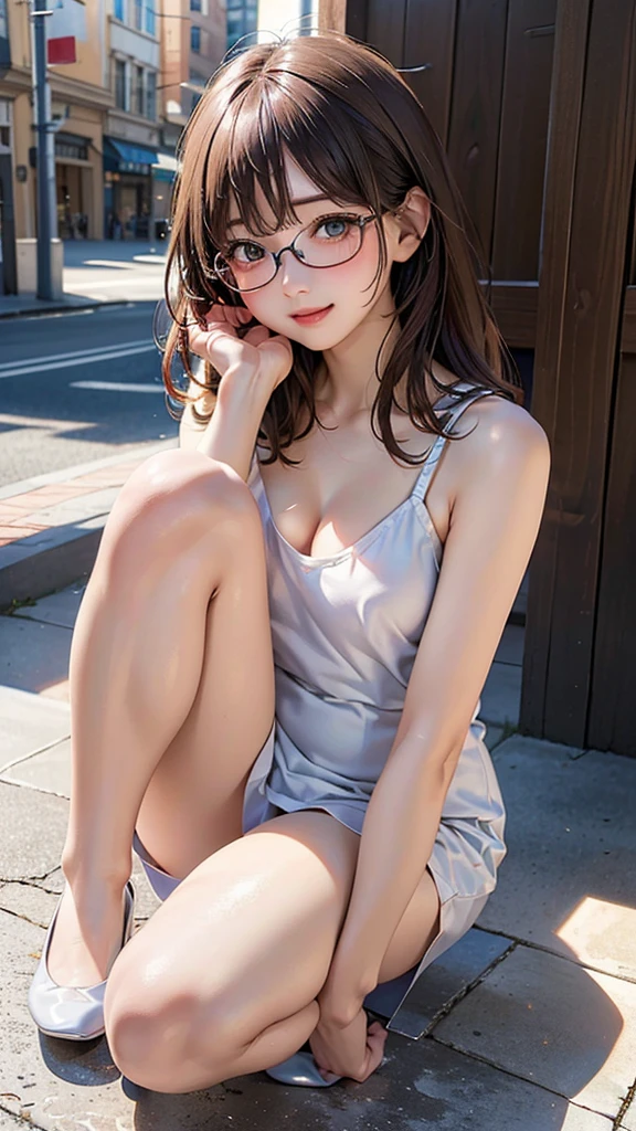 (nude), (big breasts: 1.6), (masterpiece), top quality, very detailed, flowers, delicate and beautiful, (from below), (1 person: 1.4), (solo: 1.2), big, (off-white bath towel: 1.6)), (naked with only bath towel: 1.4)), (underbust: 1.6), ((brown skin: 1.6)), beautiful eyes, (disheveled short light brown twintails), Photography, Over-the-shoulder shot, professional, Canon camera, (dark tan marks: 1.6), (protruding areolas: 1.4), hammy breasts, side breasts, embarrassed expression, (brown round glasses), camera gaze, (full body), (big buttocks: 1.3), (cleavage), sweat-soaked skin, ((wet body)), spacious bedroom, (large window with night view), night, smile, ((cleavage)), upper breasts,